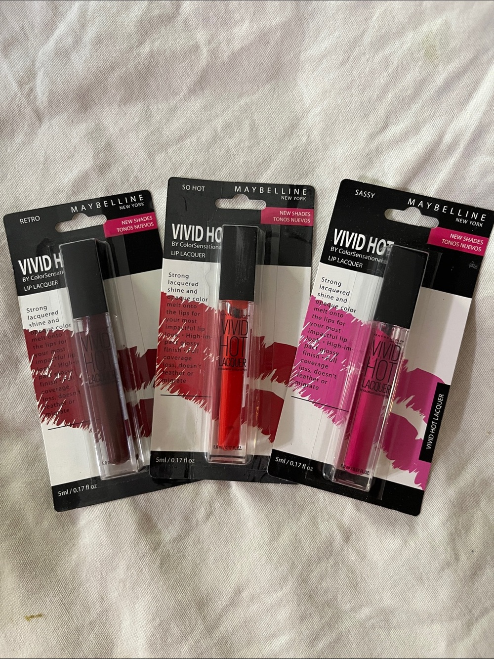 Maybelline Vivid Hot Lacquers — Red, Pink, Deep Berry Trio